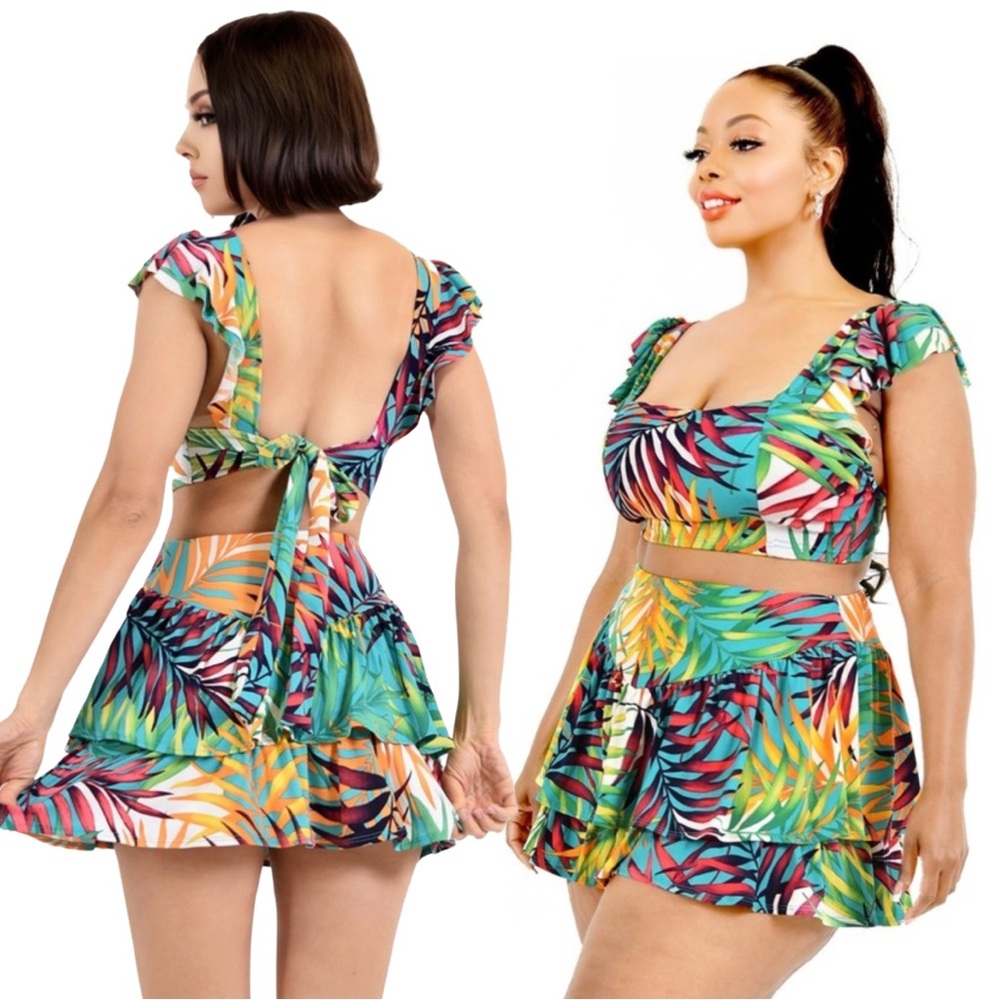 Tropical Leaf Print 2‎ Piece Skirt Set (S-3X) All Sizes